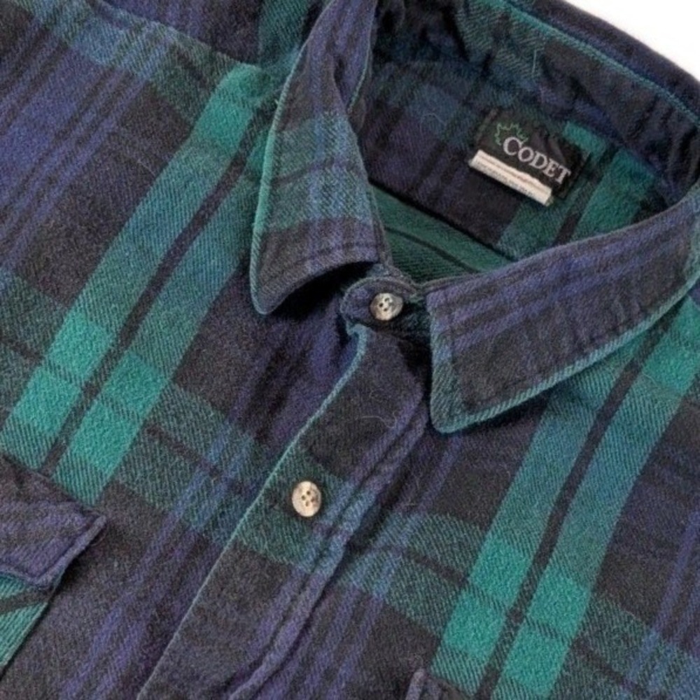Codet Mens 2XL Green Navy Blue Plaid Flannel Button Down Shirt Made in USA